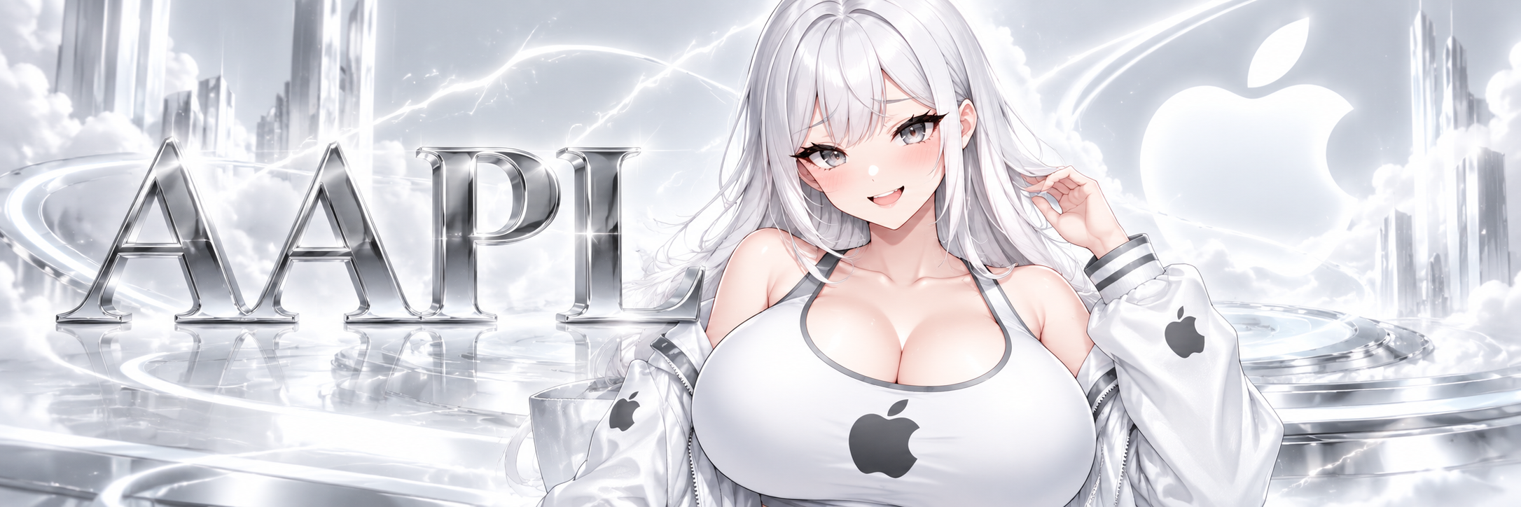 AAPL banner — silver-haired mascot beside a chrome AAPL wordmark
